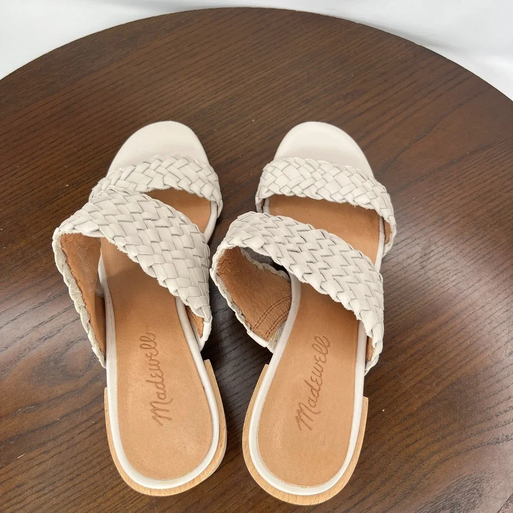 Madewell Kiera Sandals Women 6.5 Pale Oyster Woven Leather Block Heel Mule AM223 - Picture 12 of 16